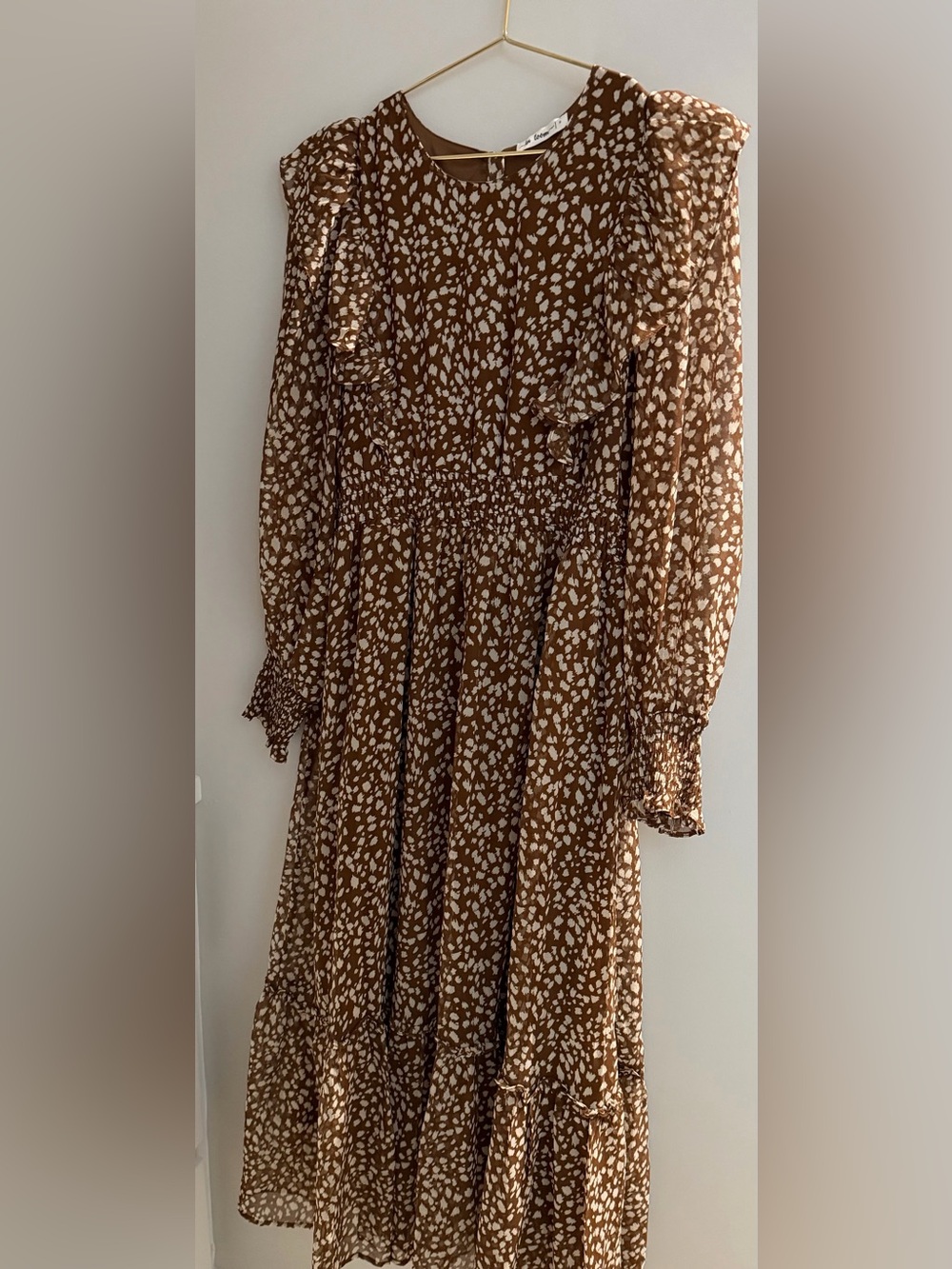 In Bloom Brown & White Printed Long Sleeve Midi Dress with Smocked Waist